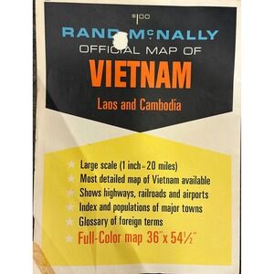 Rand McNally Official Map Vietnam Laos Cambodia Large 36x54.5 Color Good Vintage